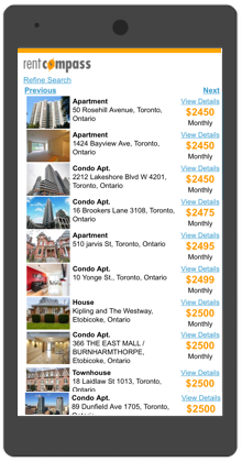 Apartment and house rentals search on the mobile phone